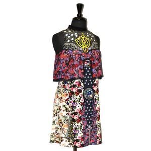 B5 Auth MARY KATRANTZO Abstract Floral Multi Color Back Zip High Neck Dress Sz 6